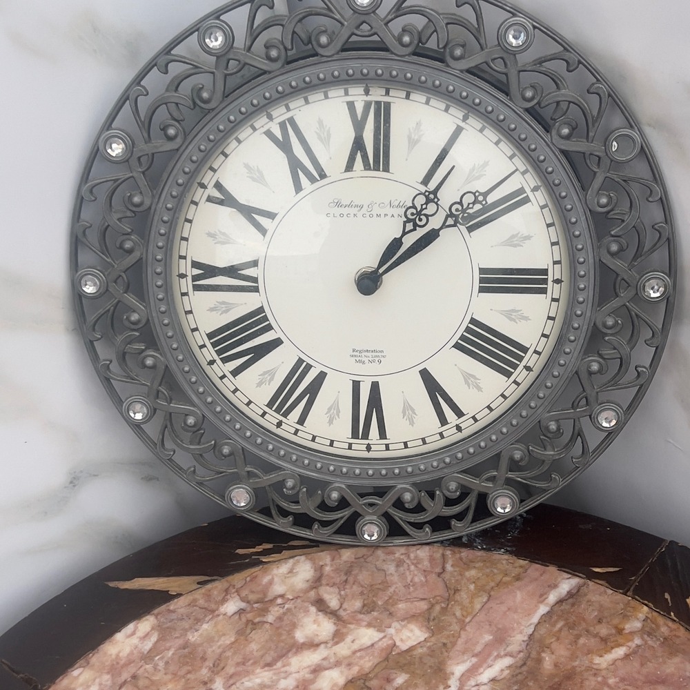 Sterling & Noble Wall Clock Silver Scrollwork Faux Crystal Roman Numeral 12 inch